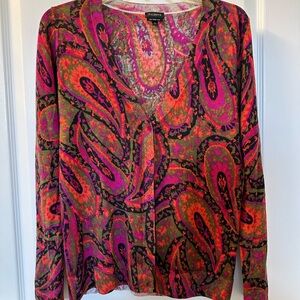 Talbots Multicolor Paisley V-Neck Cardigan 100% Merino Wool